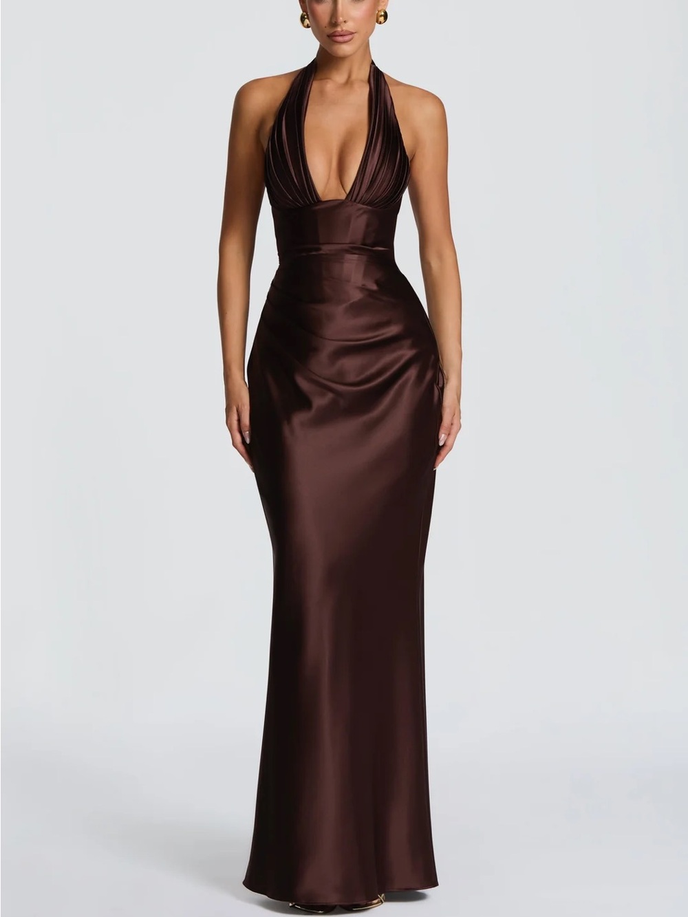 Plunging Halter Satin Maxi Dress in Chocolate Brown